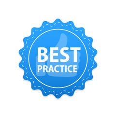 Best Practice blue label with seam and ribbons icon isolated on white background. Thumbs up. Vector illustration