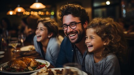 Familie und Freunde genießen gemeinsam am Tisch mit Teller voller traditioneller Köstlichkeiten das Erntedankfest oder Thanksgiving mit einem Festessen, fröhliches Beisammensein beim Truthahn essen - obrazy, fototapety, plakaty