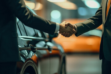 Fototapeta na wymiar Male businessmen shake hands for work and agree on business integration and car trading. successful negotiations Businessmen shake hands in the background of a car showroom.