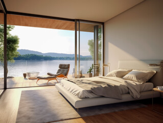 Penthouse bedroom Morning and a beautiful bedroom with a beautiful design to see the morning nature view from the bed.