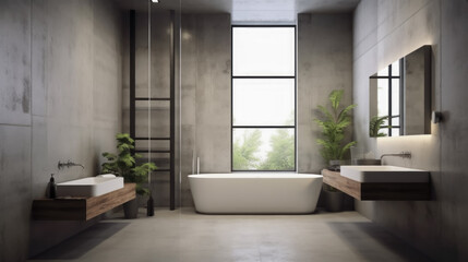 Fototapeta na wymiar Luxurious bathroom interior with bathtub Bathroom with double sinks and mirror, bathtub, toiletries and window in 3D hotel studio.