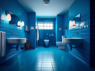 Luxurious bathroom interior with bathtub Bathroom with double sinks and mirror, bathtub, toiletries and window in 3D hotel studio.