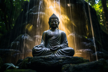 Buddha vor einem Wasserfall