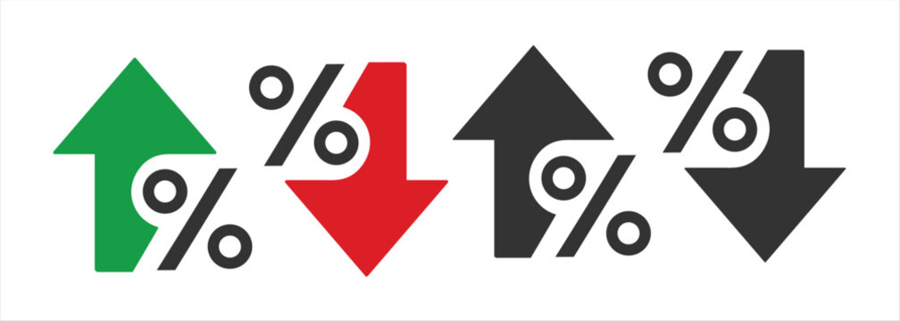 Percentage growth. Percent arrow up and down flat style symbol. Decline icons
