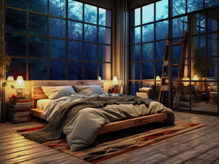 Penthouse bedroom The nights are dark and the bedroom is elegantly designed with a view of nature at night from the bed.