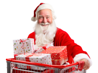 A smiling Santa Claus with a grocery cart filled with gifts. On transparent background.