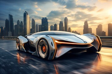 Futuristic concept car in the city background.