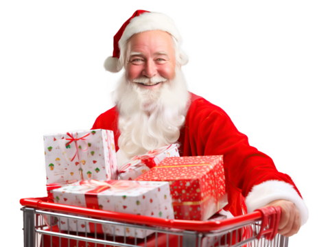 A smiling Santa Claus with a grocery cart filled with gifts. On transparent background.