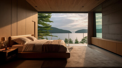 Penthouse bedroom Morning and a beautiful bedroom with a beautiful design to see the morning nature view from the bed.