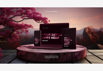 Magenta Purple Laptop with Smartphone and Tablet Mockups on Stone Marble Platform Podium Outside Tree

