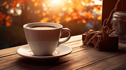 Obraz premium a cup of coffee sitting on top of a wooden table. generative ai