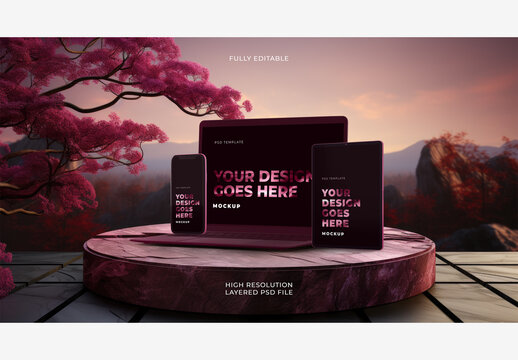 Magenta Purple Laptop with Smartphone and Tablet Mockups on Stone Marble Platform Podium Outside Tree
