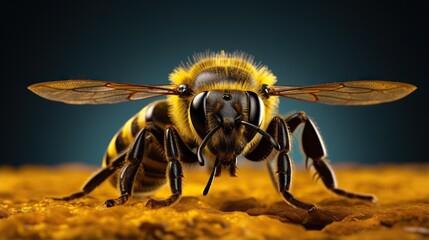  a close up of a bee on a yellow surface with a black background.  generative ai