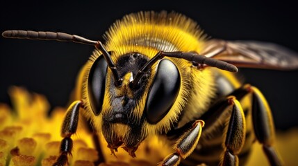  a close up of a bee on a flower with a black background.  generative ai