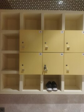The atmosphere inside a modern mosque, shoes locker