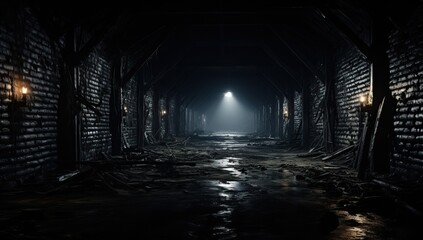 Mysterious dark room with brick walls and floor.