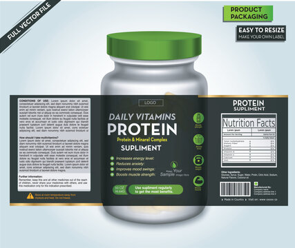 Protein Label, Supplement Label Design, Vitamin bottle packaging, Fitness, vitamin bottle and pills, Medicine pack, Multivitamin, omega, diet pack, Health pack, Body maker, vector bottle mockup