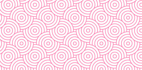 Obraz premium Seamless geometric ocean spiral pattern and abstract circle wave lines. pink seamless swirl stripe geomatics overlooping create retro square line backdrop pattern background. Overlapping Pattern.