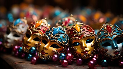 Colorful carnival masks on a dark background. Close up.