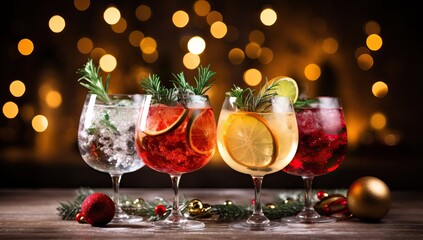 Glasses of cocktails with Christmas decoration on bokeh lights background