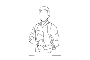 A man wearing a backpack with a book in his hand. International students day one-line drawing