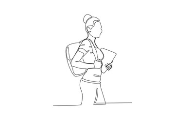 Side view of a woman carrying a bag and books to school. International students day one-line drawing