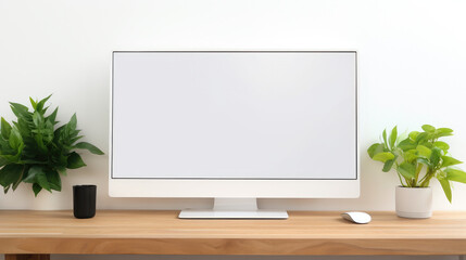 Clean Minimalist Sleek White Computer Monitor Mockup on Natural Wood Table in a Home Office