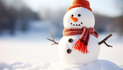 Snowman in red hat, scarf and scarf on white snow background