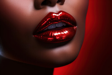 Beautiful black woman glossy red lips, close-up, black skin