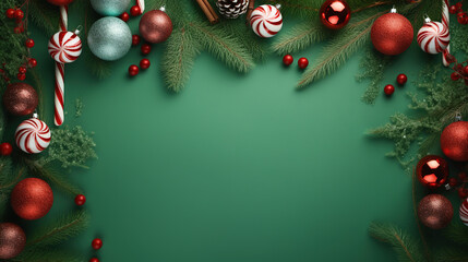 Christmas frame with Christmas decorations in the border and green background with copy space for text