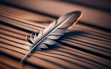 A solitary feather resting on a wooden surface.