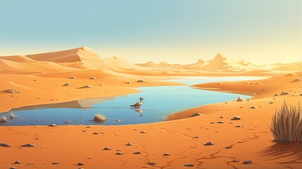  a painting of a desert scene with a bird in the water.  generative ai