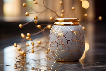 Cosmetic crystal bottle inlaid with gold of a luxury product . product presentation, demonstration of cosmetic products. Modern stylish luxury bottle