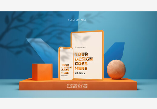 Close-Up Detailed Vertical Orange Smartphone Tablet Mockup in Coloful Style on Platform Podium