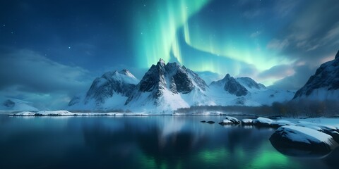 Aurora borealis above the snow covered mountains in Lofoten islands, Norway. Northern lights in winter. Night landscape with polar lights