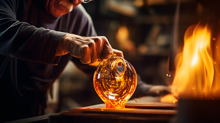 Skilled glassblower shaping molten glass into a delicate vase - obrazy, fototapety, plakaty