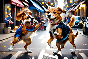 Dog dancing on the street - obrazy, fototapety, plakaty