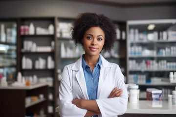Foto op Plexiglas Black Woman Pharmacist Occupation Job Work Environment Background Generative AI © j@supervideoshop.com