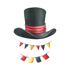 Black top hat with red satin ribbon, garland paper flags. Watercolor illustration, hand drawn. Isolated element on a white background
