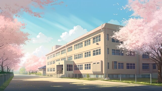 桜咲く春の小学校と校舎　Generative AI