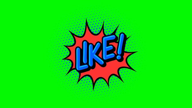 Social Media LIKE Icon on Green Screen. RGB Alpha. Video animation of Retro style comics LIKE text. Speech Bubble on Halftone.
