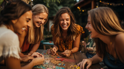 Smiling faces gathered around a board game