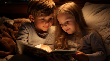 Pajama-clad kids sharing bedtime stories.