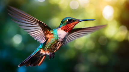 Obraz premium Macro shot of a beautiful hummingbird in flight