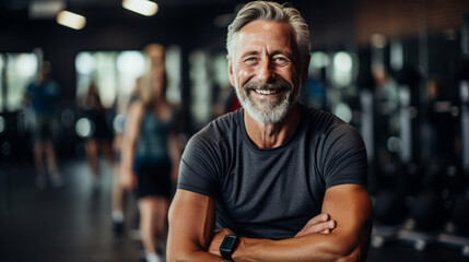 Obraz premium Elderly man joining a group fitness class at the gym