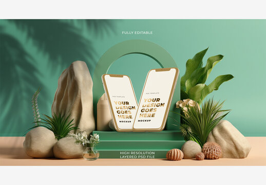 2 Gold Shiny Smartphones with Green Plants on Marble Stone Platform Podium