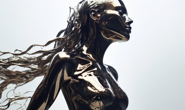 cascading liquid metal engulfing a futuristic abstract fashion model silhouette