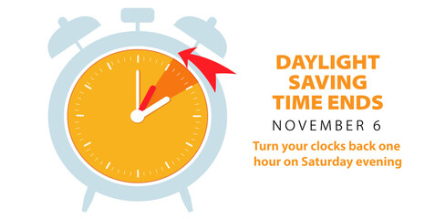 Daylight Saving Time Ends. Fall Back, change clock back one hour at sunday, 5 november 2023.Web reminder banner. Alarm Clock turn back with Pumpkins and fall ornaments. Vector illustration