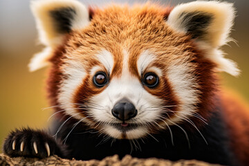 close-up of the endearing face of a redheaded panda, emphasizing their charming features and distinctive red fur