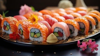 A plate of sushi rolls with a flower on top. Imaginary food photo.